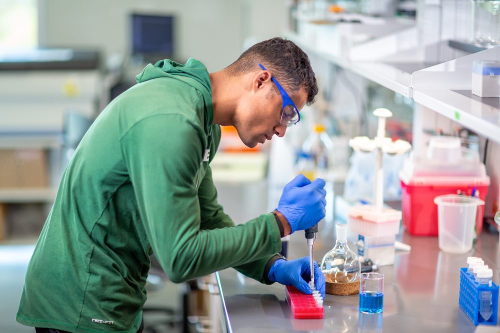 A student wearing gloves and safety glasses uses a pipette.